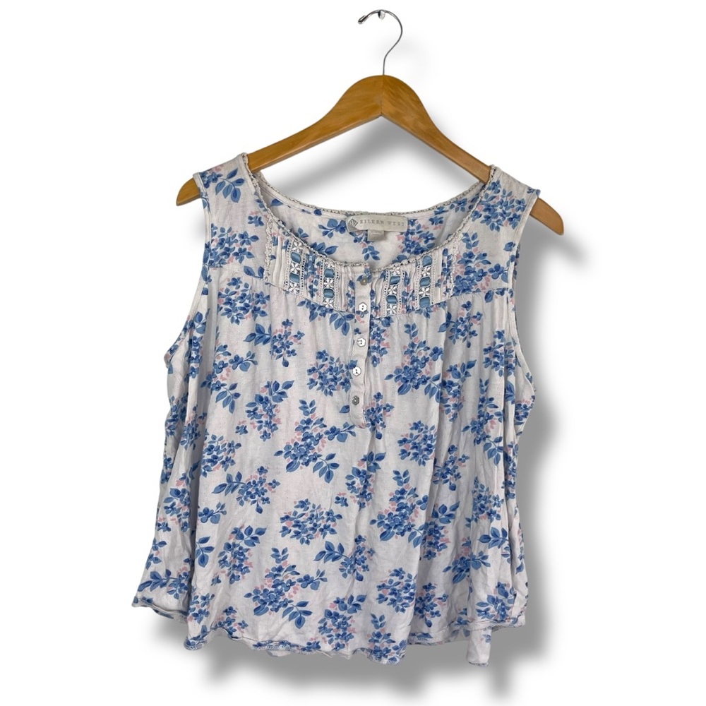 Eileen West Pajama Sleep Top Floral Lace Trim L Baby Doll Cottage Cotton Modal